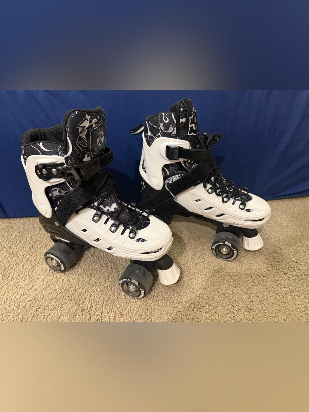 Adjustable Youth Quad Roller Skates - White & Black, Size 3-6